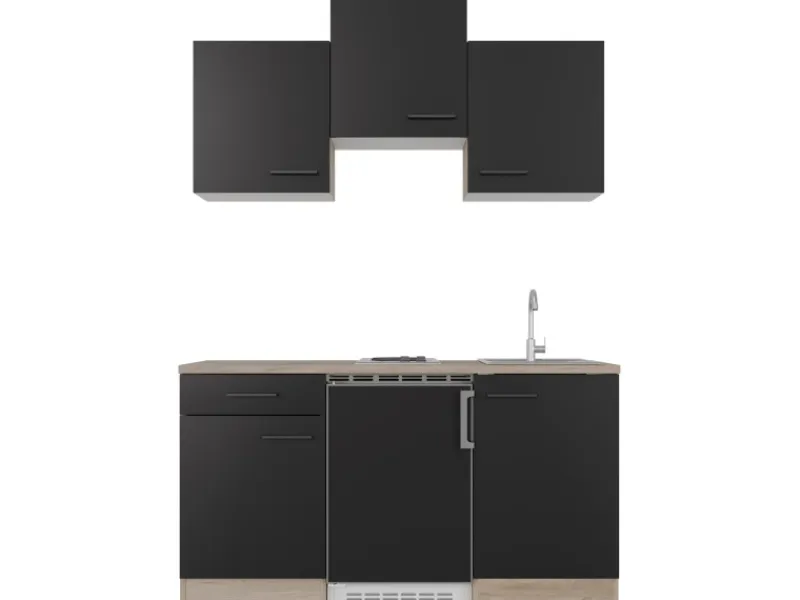 Sale Flex-Well Exclusiv Singleküche Capri 150 cm Schwarz Matt-Endgrain Oak