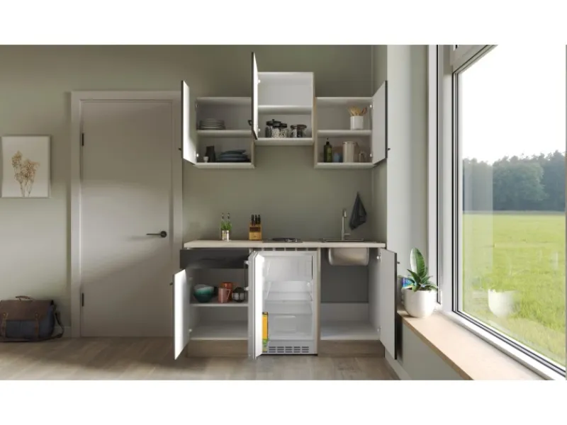 Sale Flex-Well Exclusiv Singleküche Capri 150 cm Schwarz Matt-Endgrain Oak
