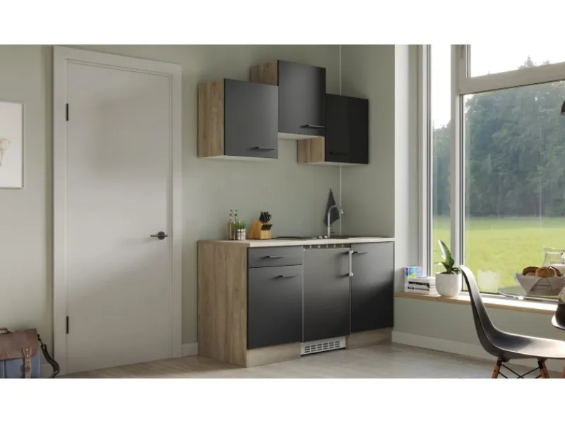 Sale Flex-Well Exclusiv Singleküche Capri 150 cm Schwarz Matt-Endgrain Oak