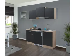 Flex-Well Exclusiv Singleküche Lara 150 cm Anthrazit - San Remo Eiche< Single-Küchen|Kochfelder