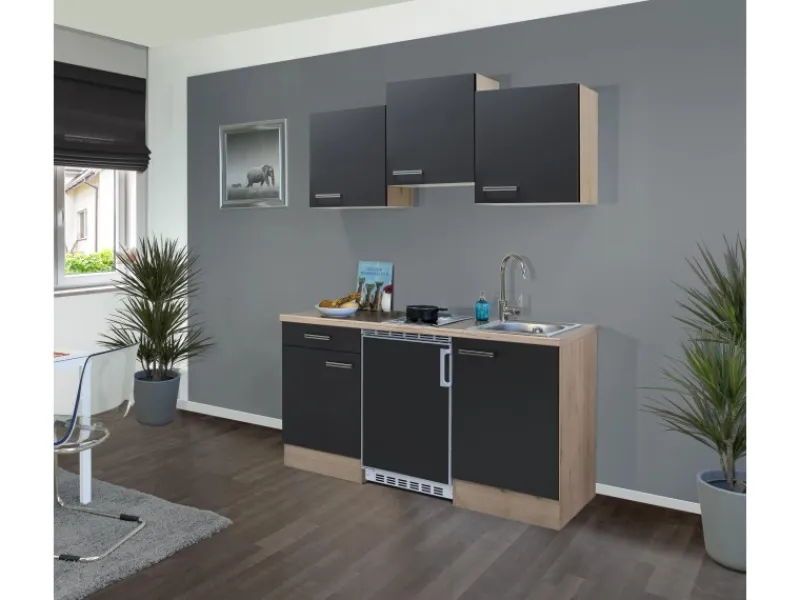 Flex-Well Exclusiv Singleküche Lara 150 cm Anthrazit - San Remo Eiche< Single-Küchen|Kochfelder