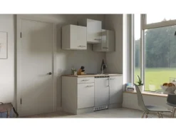 Flex-Well Exclusiv Single-Küchen|Kühlschränke<Singleküche Lund 150 cm Lichtgrau glänzend-Rauchgrau