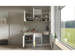 Flex-Well Exclusiv Single-Küchen|Kühlschränke<Singleküche Lund 150 cm Lichtgrau glänzend-Rauchgrau