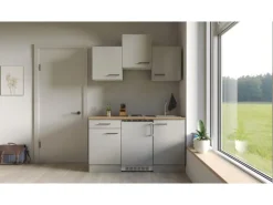 Flex-Well Exclusiv Single-Küchen|Kühlschränke<Singleküche Lund 150 cm Lichtgrau glänzend-Rauchgrau