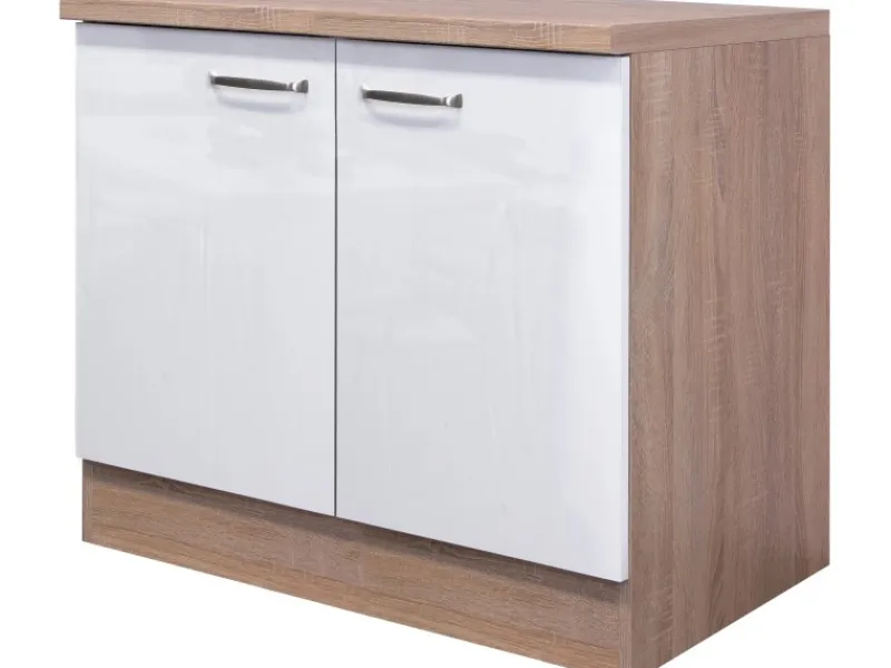 Outlet Flex-Well Exclusiv Spülenunterschrank Valero 100cm Hochglanz Weiß-Sonoma Eiche