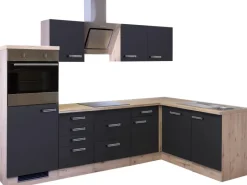 Flex-Well Exclusiv Winkelküche Lara 280 x 170 cm Anthrazit Matt-San Remo Eiche< Winkelküchen|Einbauküchen