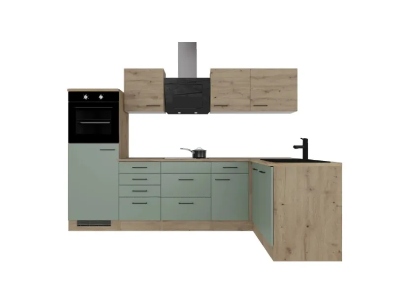 Flex-Well Exclusiv Winkelküchen|Kühlschränke<Winkelküche Cara 280 x 170 cm Schilfgrün matt - Artisan Eiche