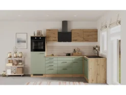 Flex-Well Exclusiv Winkelküchen|Kühlschränke<Winkelküche Cara 280 x 170 cm Schilfgrün matt - Artisan Eiche