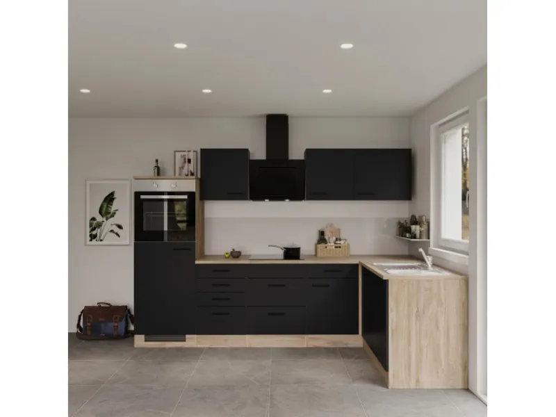 Discount Flex-Well Exclusiv Winkelküche Capri 280 x 170 cm Schwarz Matt-Endgrain Oak