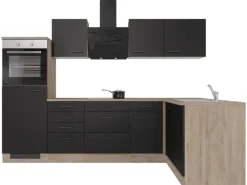 Discount Flex-Well Exclusiv Winkelküche Capri 280 x 170 cm Schwarz Matt-Endgrain Oak