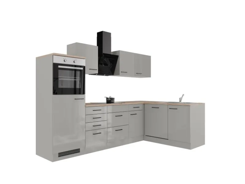 Flex-Well Exclusiv Winkelküche Lund 280 x 170 cm Lichtgrau glänzend-Rauchgrau< Winkelküchen|Einbauküchen