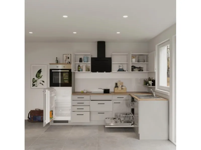Flex-Well Exclusiv Winkelküche Lund 280 x 170 cm Lichtgrau glänzend-Rauchgrau< Winkelküchen|Einbauküchen
