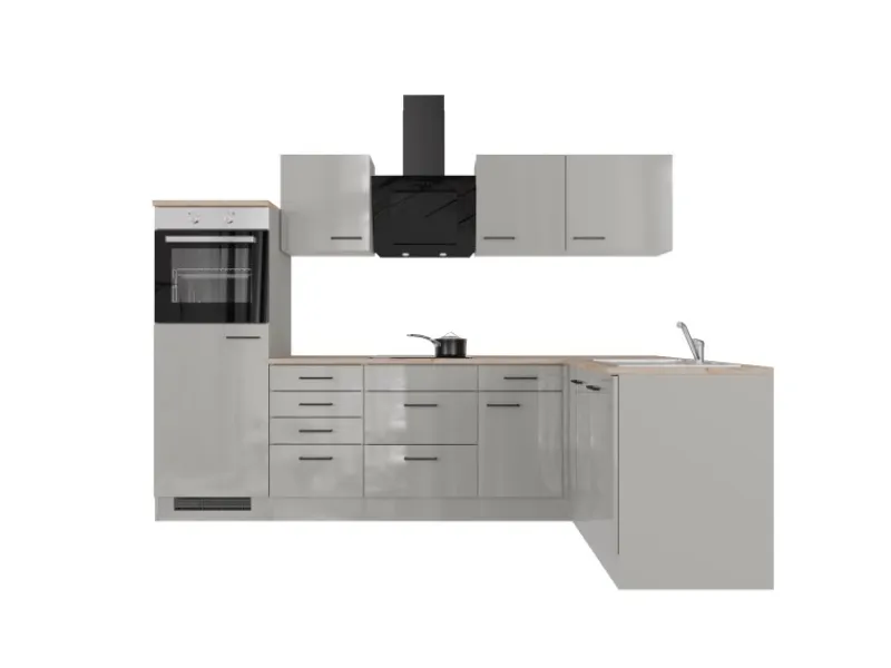 Flex-Well Exclusiv Winkelküche Lund 280 x 170 cm Lichtgrau glänzend-Rauchgrau< Winkelküchen|Einbauküchen