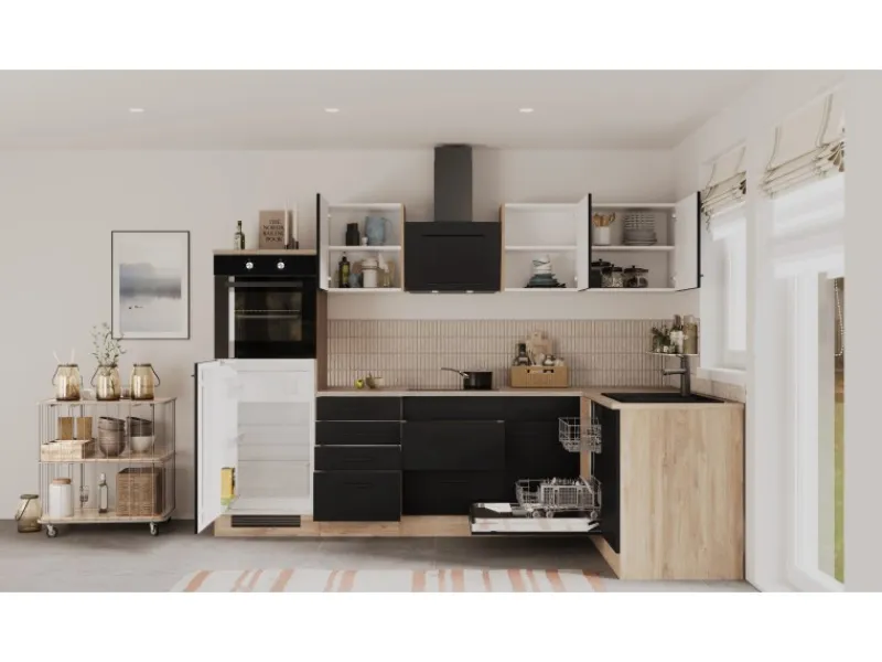 Flex-Well Exclusiv Winkelküche Capri 280 x 170 cm Schwarz Matt-Endgrain Oak