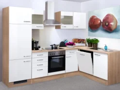 Flex-Well Exclusiv Winkelküchen|Kühlschränke<Winkelküche Valero 280 cm Hochglanz Weiß-Sonoma Eiche