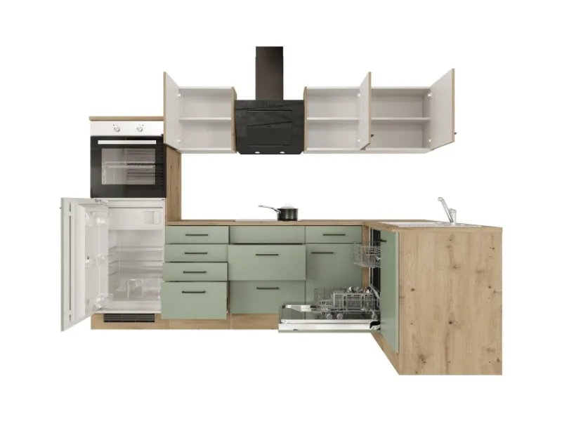 Outlet Flex-Well Exclusiv Winkelküche Cara 280 x 170 cm Schilfgrün matt - Artisan Eiche