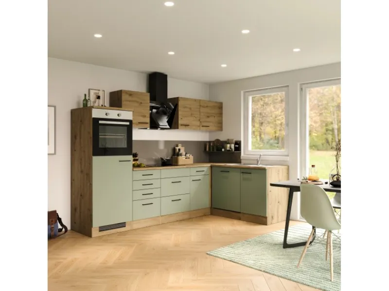 Outlet Flex-Well Exclusiv Winkelküche Cara 280 x 170 cm Schilfgrün matt - Artisan Eiche