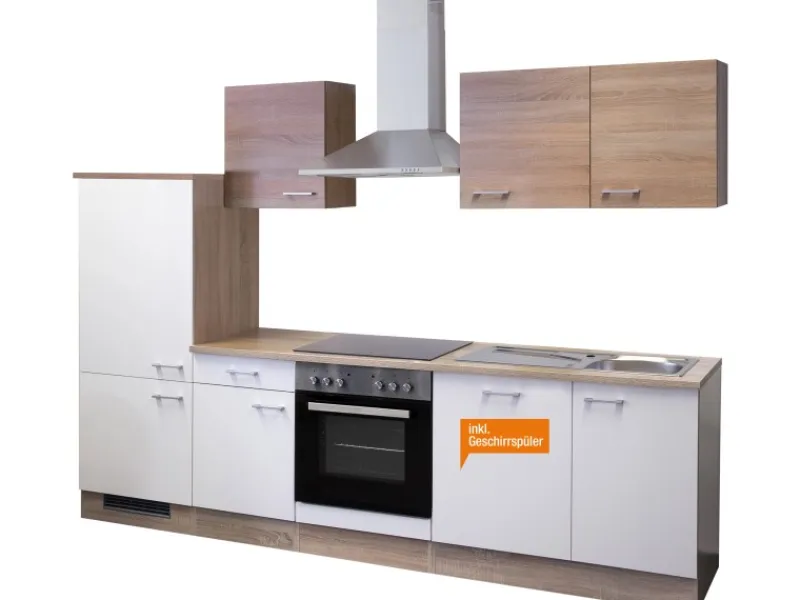 Flex-Well Classic Flex-Well Küchenzeile Florida 280 cm Weiß Matt - Sonoma Eiche< Einbauküchen|Küchenschränke