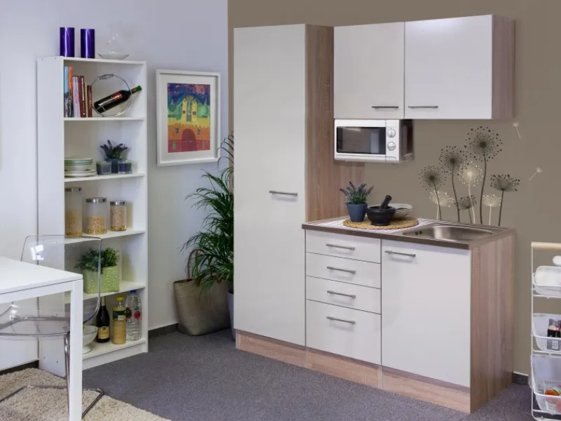Flex-Well Exclusiv Flex-Well Singleküche 150 cm Orlando Kaschmir Glanz-Sonome Eiche< Single-Küchen|Pantryküchen