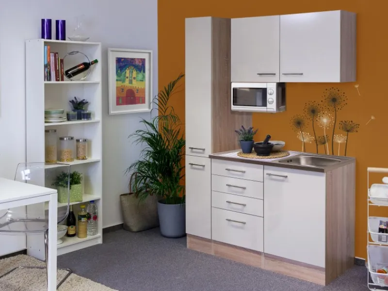 Flex-Well Exclusiv Single-Küchen|Miniküchen<Flex-Well Singleküche 130 cm Orlando Kaschmir Glanz-Sonoma Eiche