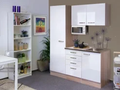 Flex-Well Exclusiv Single-Küchen|Miniküchen<Flex-Well Singleküche 150 cm Valero Hochglanz Weiß-Sonoma Eiche