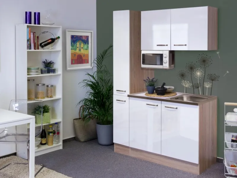 Flex-Well Exclusiv Single-Küchen|Miniküchen<Flex-Well Singleküche 130 cm Valero Hochglanz Weiß-Sonoma Eiche