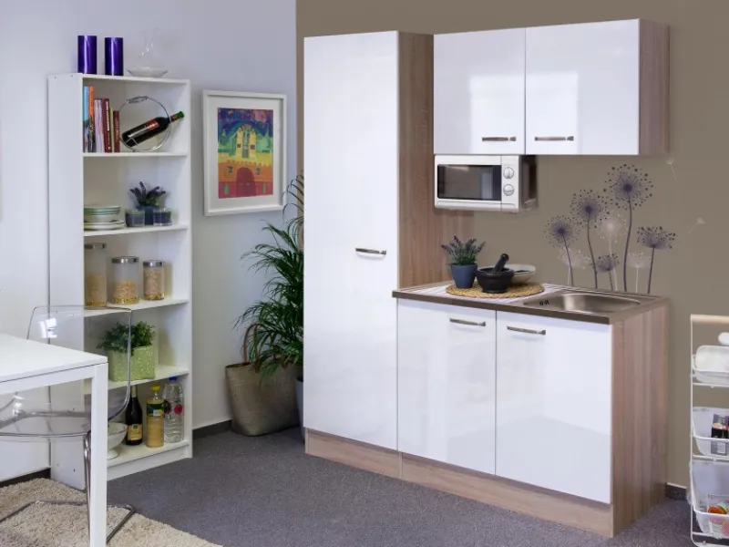 Discount Flex-Well Exclusiv Flex-Well Singleküche 150 cm Valero Hochglanz Weiß-Sonoma Eiche