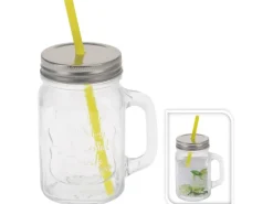 Geschirr<Glas mit Metalldeckel und Strohhalm 450 ml