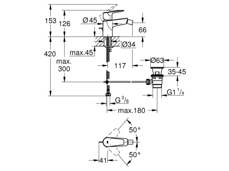 Grohe Einhebelmischer<QuickFix Bidetarmatur Start Edge Zugstangen-Ablaufgarnitur 32 mm (1 1/4")