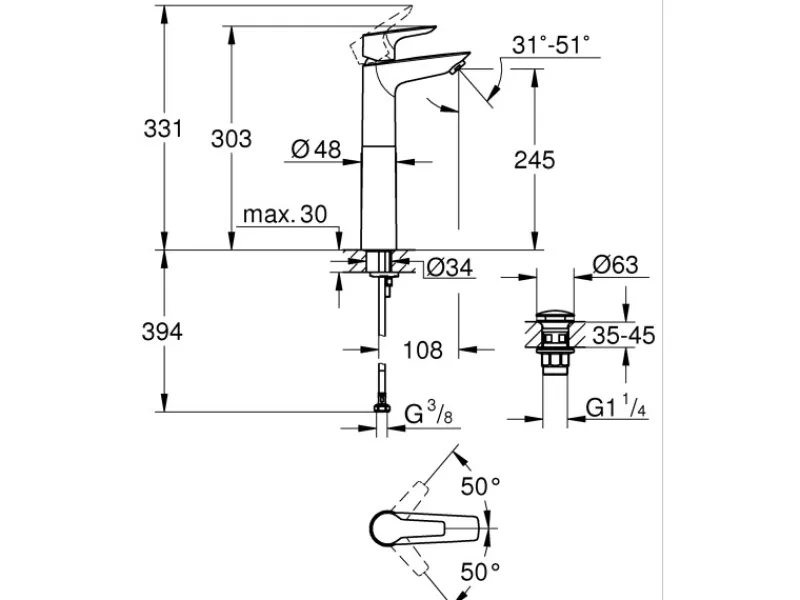 Clearance Grohe QuickFix Einhand-Waschtischbatterie Start Alira XL-Size Chrom