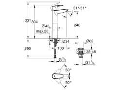 Grohe Einhebelmischer<QuickFix Waschtischarmatur Start Edge XL Push-open Ablaufgarnitur 1 1/4"
