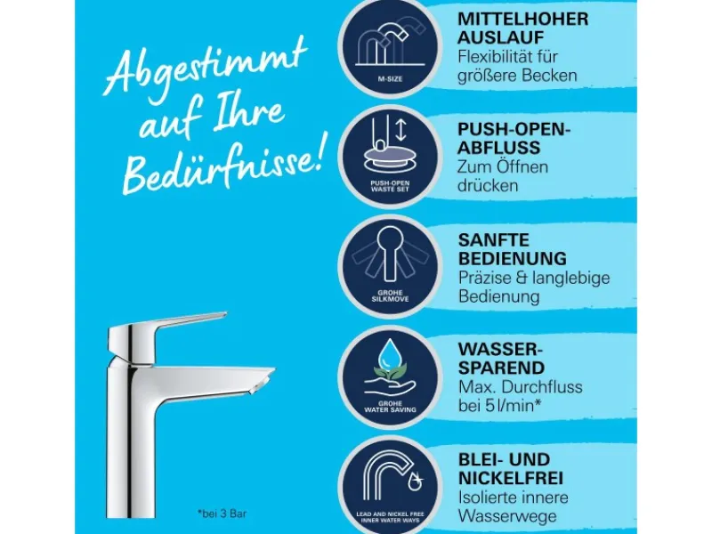 Grohe QuickFix Waschtischarmatur Start M-Size Push-open Ablaufgarnitur 1 1/4"< Einhebelmischer