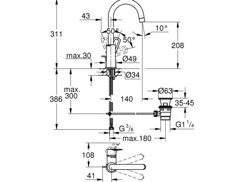Grohe Einhebelmischer<QuickFix Waschtischarmatur Start Loop L Zugstangen-Ablaufgarnitur 1 1/4"
