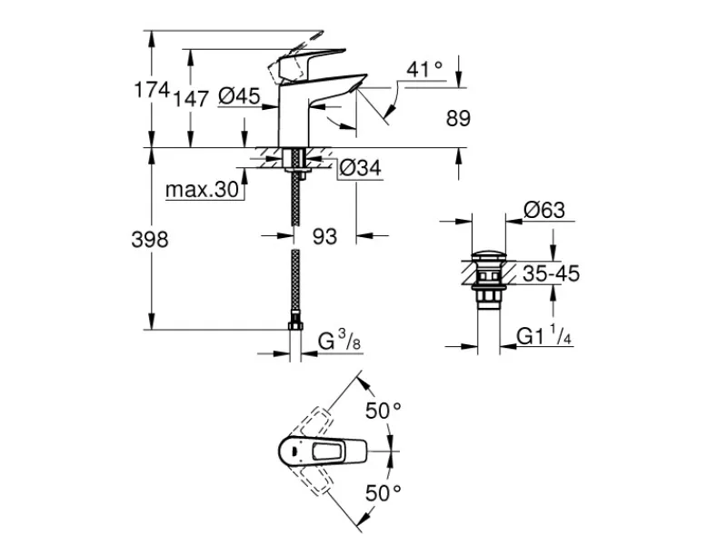 Hot Grohe QuickFix Waschtischarmatur Start Loop S Push-open Ablaufgarnitur 1 1/4"