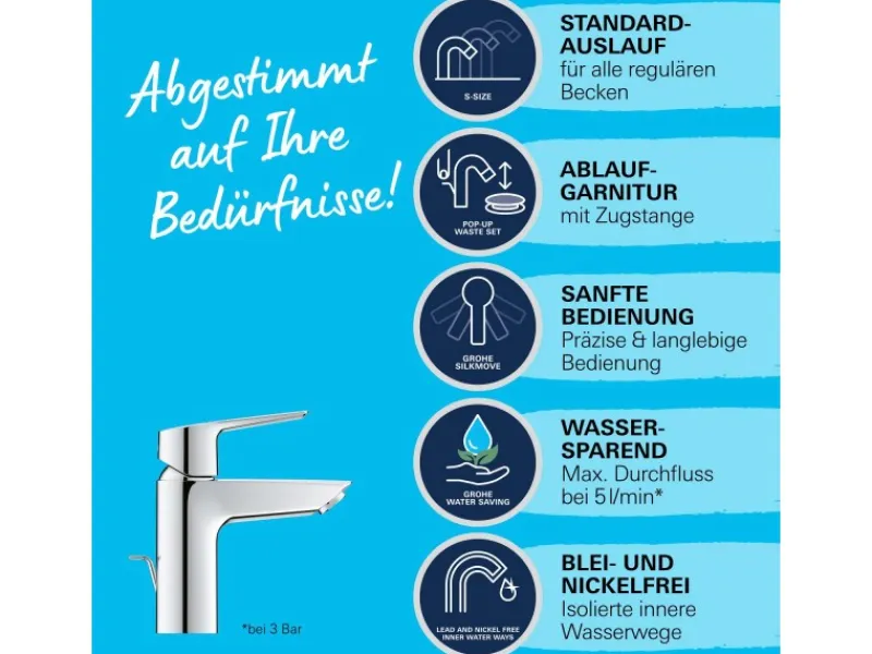 New Grohe QuickFix Waschtischarmatur Start S-Size Zugstangen-Ablaufgarnitur 1 1/4"