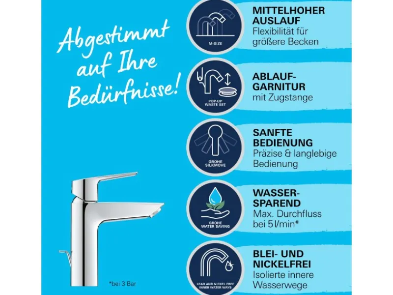 Sale Grohe QuickFix Waschtischarmatur Start M-Size Zugstangen-Ablaufgarnitur 1 1/4"