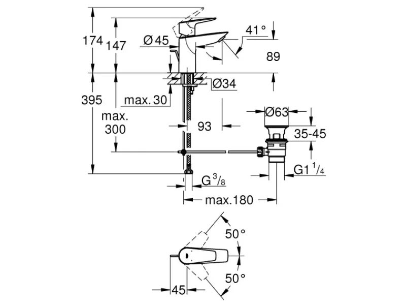 Outlet Grohe QuickFix Waschtischarmatur Start Edge S Zugstangen-Ablaufgarnitur 1 1/4"