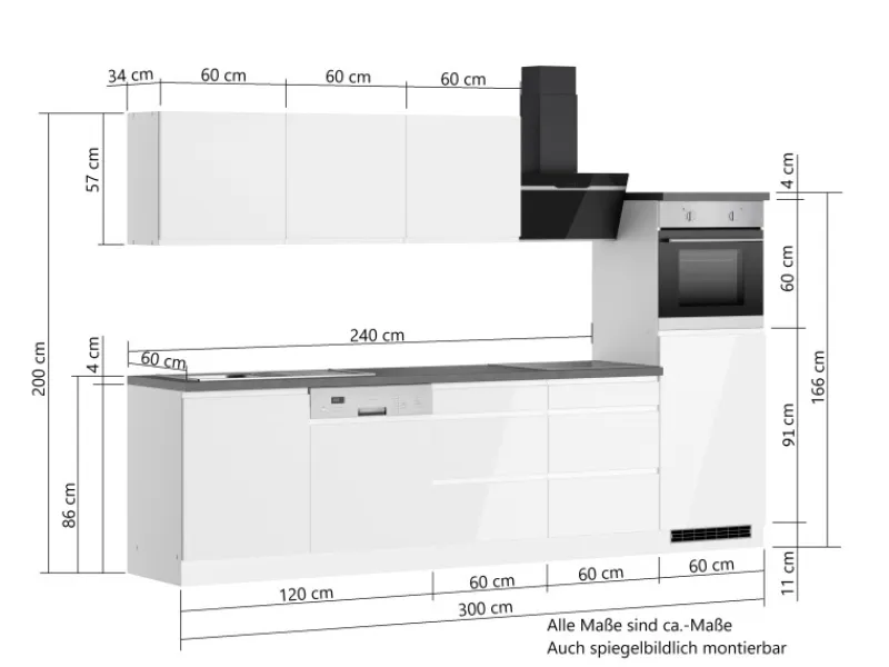Online Held Möbel Held Küchen Küchenzeile Gera 300 cm Weiß/Beton mit E-Geräten Induktion
