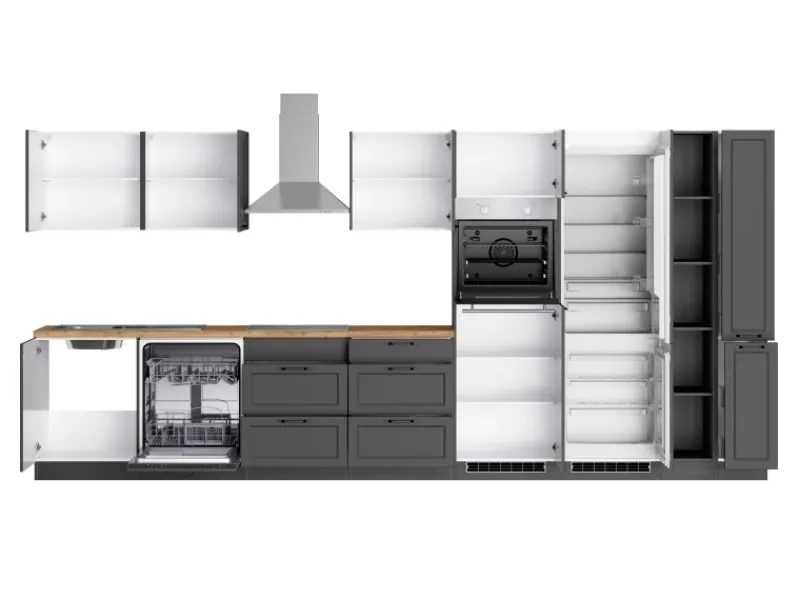 Held Möbel Held Küchen Küchenzeile Kempten 420 cm Grau/Graphit mit E-Geräten Induktion< Kochfelder|Herde