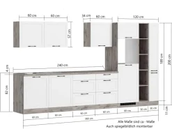Held Möbel Held Küchen Küchenzeile Kempten 360 cm Weiß/Wotan mit E-Geräten Induktion< Einbauküchen