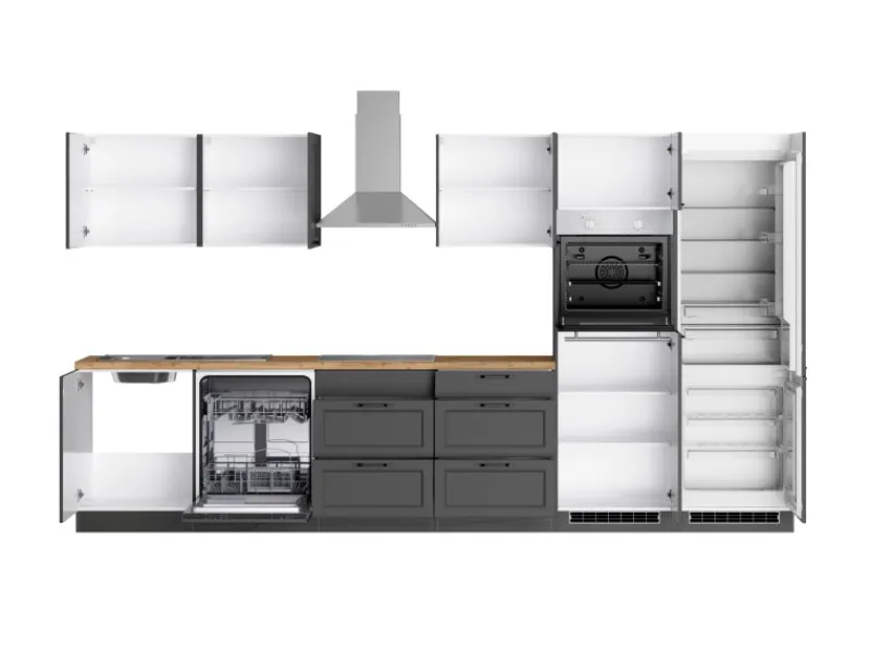 Online Held Möbel Held Küchen Küchenzeile Kempten 360 cm Grau/Graphit mit E-Geräten autark Indukt.