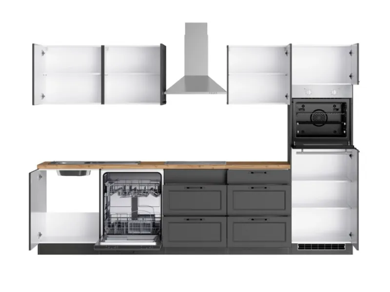Discount Held Möbel Held Küchen Küchenzeile Kempten 300 cm Grau/Graphit mit E-Geräten Induktion