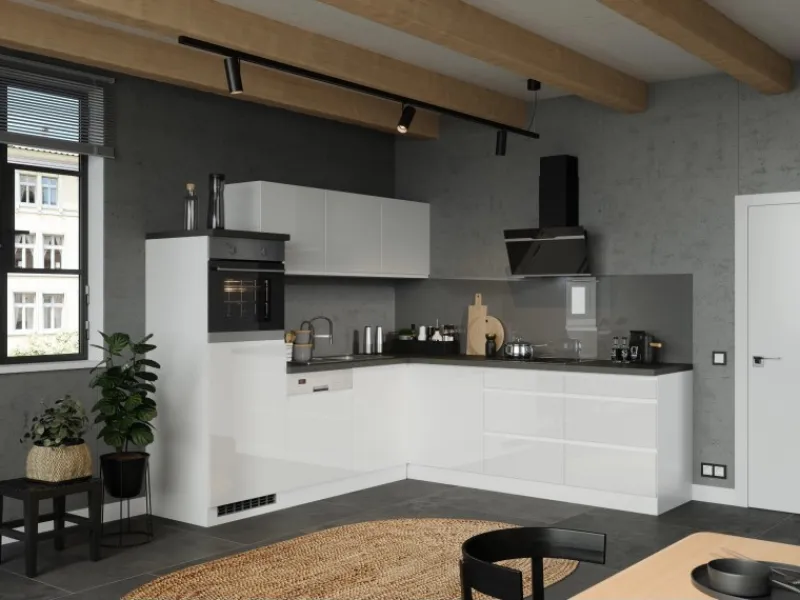 Online Held Möbel Held Küchen Winkelküche Gera 240 cm Weiß/Beton mit E-Geräten autark