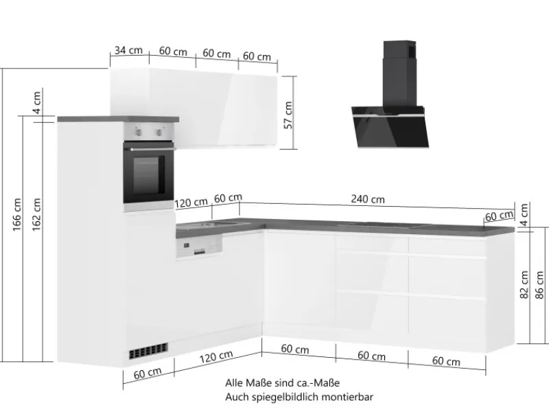 Online Held Möbel Held Küchen Winkelküche Gera 240 cm Weiß/Beton mit E-Geräten autark