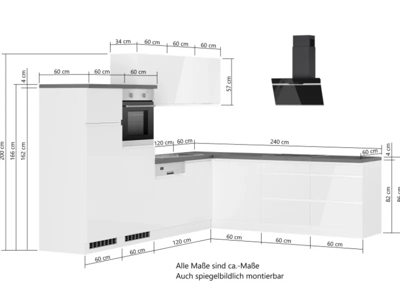 Held Möbel Held Küchen Winkelküche Gera 300 cm Weiß/Wotan mit E-Geräten Induktion< Winkelküchen|Gefrierschränke