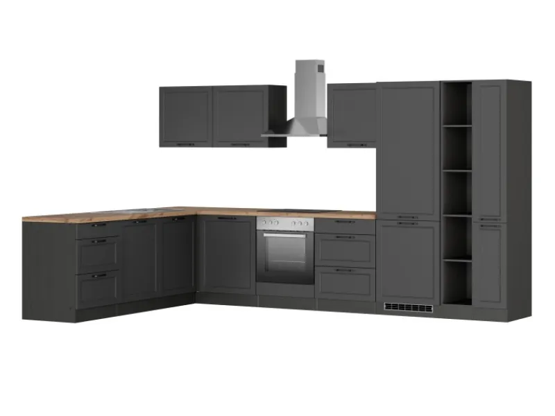 Held Möbel Held Küchen Winkelküche Kempten 360 cm mit E-Geräten Graphit/Grau< Herde|Gefrierschränke
