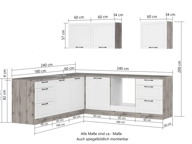 Online Held Möbel Held Küchen Winkelküche Kempten 240 cm ohne E-Geräte Wotan/Weiß