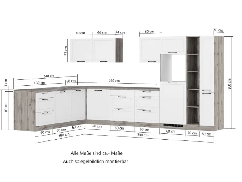 Sale Held Möbel Held Küchen Winkelküche Kempten 360 cm Weiß/Wotan mit E-Geräten autark Indukt.