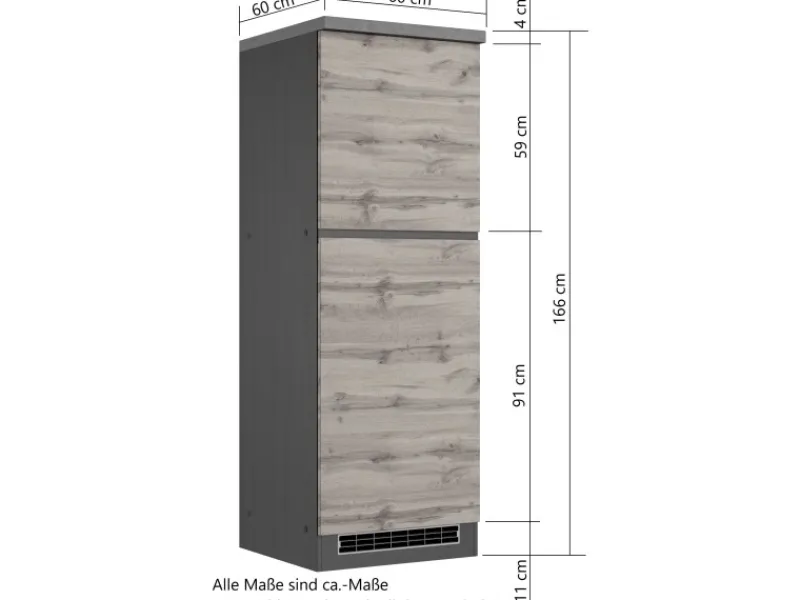 Held Möbel Küchen-Kühlschrankumbauschrank Turin 60 cm Graphit/Wotaneiche Graphit-Wotaneiche