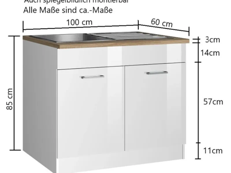 Best Held Möbel Küchen-Spülenunterschrank Mailand 100 cm Hochglanz / Graphit